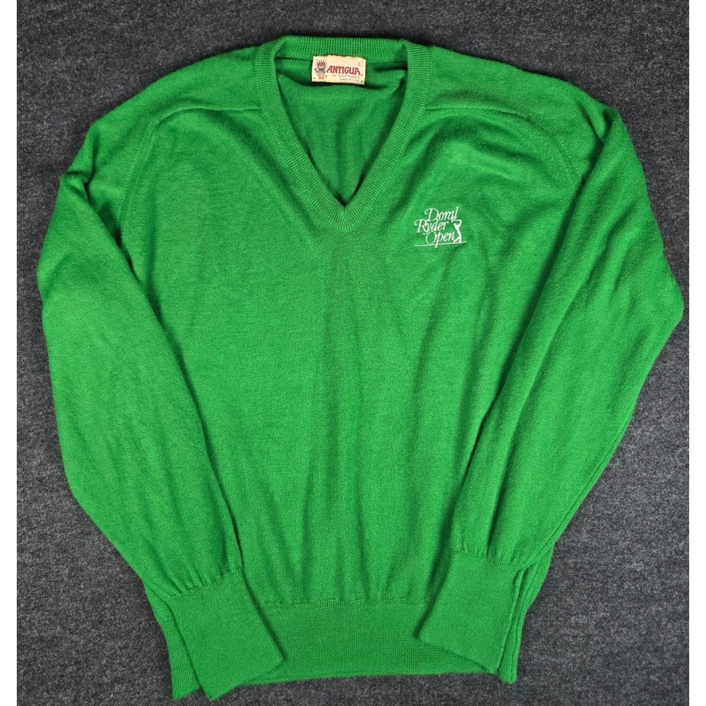Vtg Antigua Doral Ryder Open Green Golf Sweater Made in USA Preppy Size L